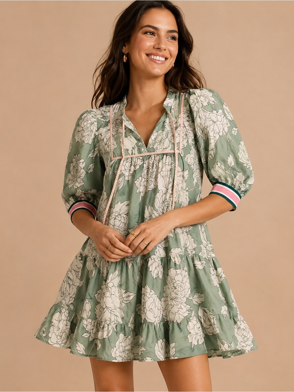 Entro Sage Green Floral Puff Sleeve Babydoll Mini Dress Small